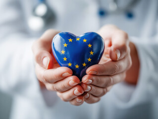 Healthcare professional holds a heart symbol adorned with European stars