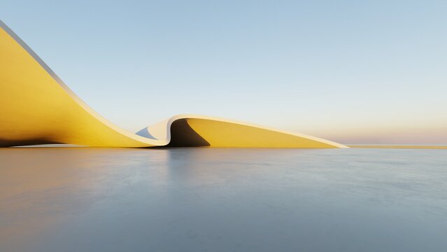 Abstract white curved architecture background, Empty wavy space with reflected concrete floor, Futuristic modern interior backdrop, 3d rendering of twisted building