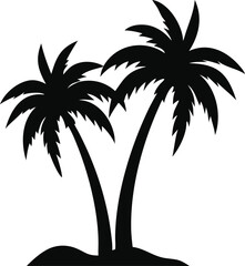 Two palm trees silhouette isolated on white background, tropical scene