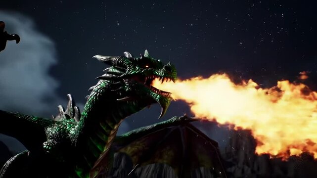 Dragon spewing flames at night