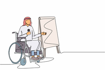 Single continuous line drawing Arabian businessman on wheelchair using microphone, presentation infographics on flip chart at weekly office report meeting. One line graphic design vector illustration