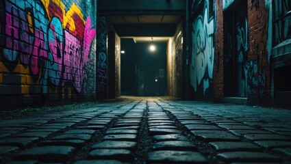 Darkness engulfs an abandoned, grimy city alley at night, hinting at danger and crime
