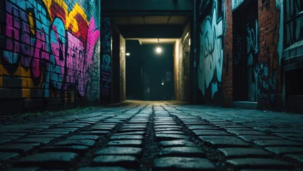 Wandcirkels Smal steegje Darkness engulfs an abandoned, grimy city alley at night, hinting at danger and crime  © Rizvan