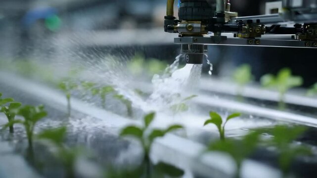 Automated irrigation system precisely waters rows of young plants in a modern greenhouse, showcasing agricultural technology and efficient resource management
