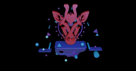 Red giraffe head symbol on a pedestal of abstract geometric shapes floating in the air. Abstract concept art with flying shapes in the center. 3d illustration on black background