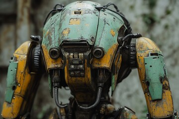 Robot with weathered surface stands in urban setting showcasing intricate design and mechanical details