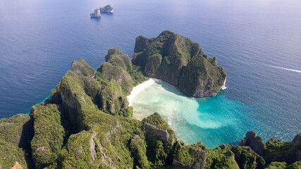 Aerial drone video of Phi Phi Leh with Maya Bay and Pileh Lagoon, Krabi province, Thailand. Aerial...