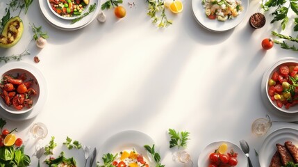 Assorted summer dishes arranged on a white surface. Template concept with empty space for the design of decorative frames, cards, backgrounds, banners and posters