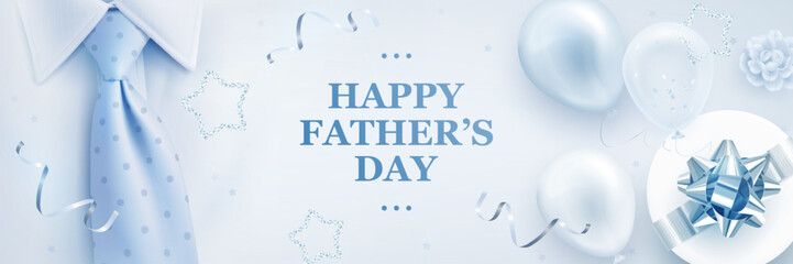 Happy father's day greeting card with realistic 3d tie, gift box, helium balloons and flower. Father day horizontal banner, poster design template. Festive wallpaper. Vector illustration
