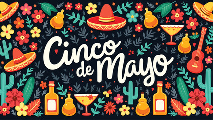 Colorful Cinco de Mayo Illustration with Sombreros, Cacti, Flowers, and Festive Elements.