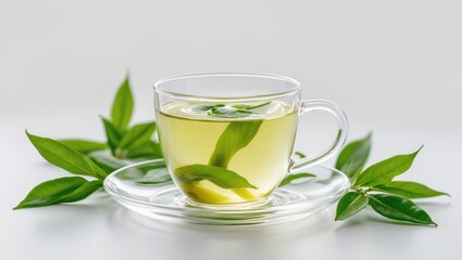 Green tea cup with leaves isolated on white background