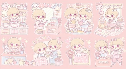 Cute Cartoon Characters Cooking and Playing in a Pastel Pink Setting