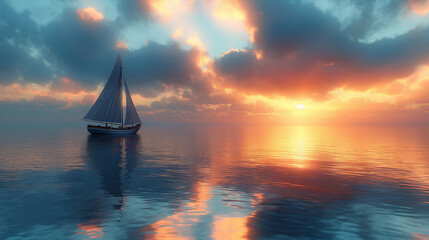 Golden-hour ocean calm. Sailboat gliding over still water beneath a radiant sunset. Perfect for travel promotions or tranquil landscape themes.