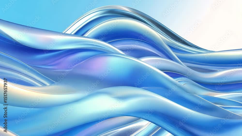 Wall mural metallic and iridescent blue waves flowing in abstract 3d pattern with smooth texture, evoking motio