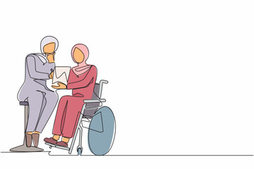 Single continuous line drawing disabled Arab woman patient in wheelchair talking with doctor, discuss results of medical examination. Doctor hold checklist. One line graphic design vector illustration