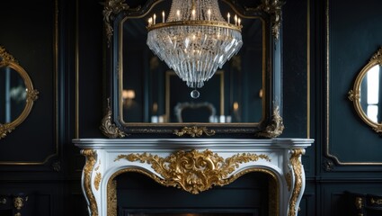 Elegant vintage mirror and chandelier adorn a classic black interior with decorative fireplace