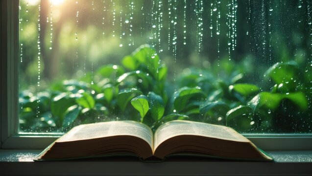 Moody fall ambiance with a cozy cup of tea, an open book, and rain on the windowsill creating a relaxing home scene.