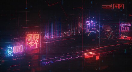 Fototapeta premium Cyberpunk cityscape with vibrant neon signs and horizontal scanlines effect