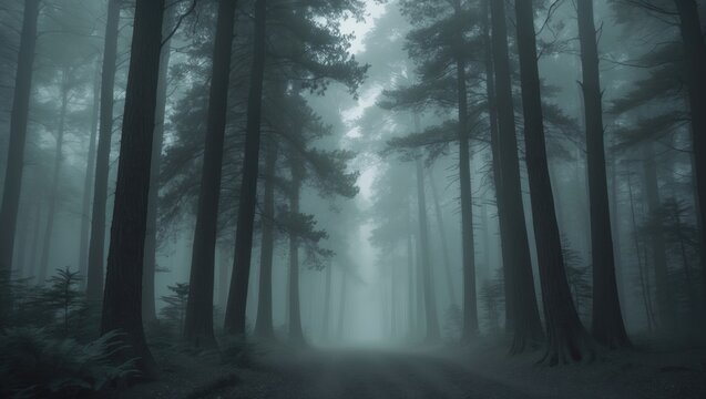 Observing the canopy of pine trees amidst foggy landscape