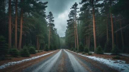 Obraz premium Snowy mountain road through forest in winter - Ida Mountains, Turkey