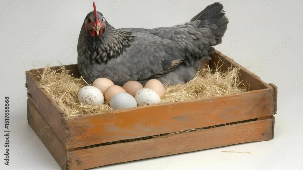 Poster grey hen sits protectively on a clutch of colorful eggs nestled in straw within a rustic wooden crat
