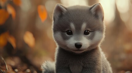 Obraz premium Captivating close up of a charming fluffy husky puppy in autumn scenery