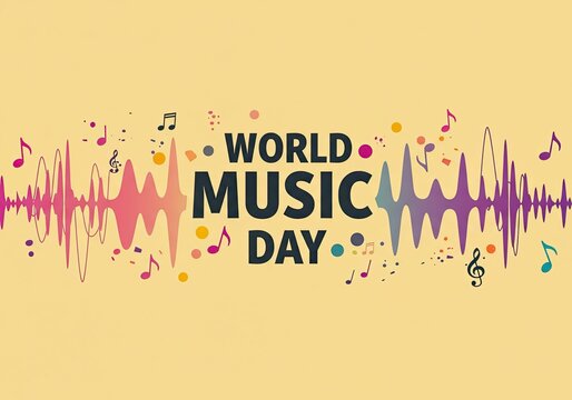 World music day concept background design with musical notes and sound wave graphic element, celebrating the holiday and the universal language of sound.