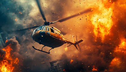 Helicopter escaping from the explosion in city with fire and debris during action movie scene