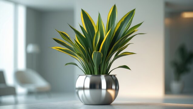 Sansevieria trifasciata decorative plant in a mirror pot on a white table in interior setting, featuring snake plant with striped leaves