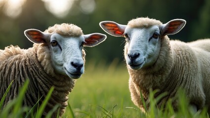 Fototapeta premium Joyful sheep: Domestic sheep pair in a Czech countryside pasture during early Autumn.