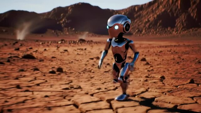 Robot walking martian landscape