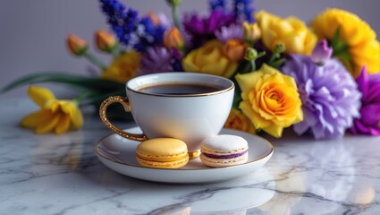 Fototapeta premium Top view of a coffee cup and vibrant hyacinths on a cozy knitted plaid, surrounded by blooming flowers for a relaxing springtime moment.