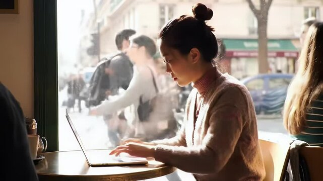 Parisian Cafe Workspace: Woman on Laptop by Window