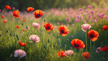 Obraz premium Sunrise Floral Oil Painting of Red Poppies on Canvas