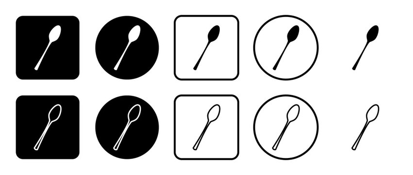 Icon set of spoon. Filled, outline, black and white icons set, flat style.  Illustration on transparent background