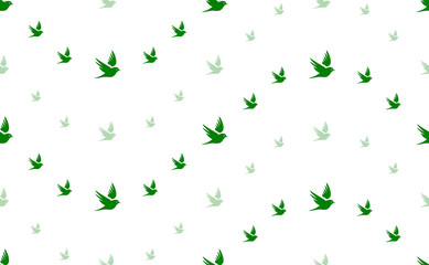 Seamless pattern of large and small green bird symbols. The elements are arranged in a wavy. Illustration on light green background