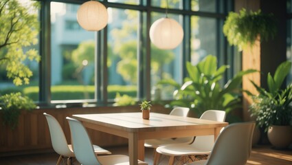 Bright coworking space with Scandinavian design, light wood furniture, greenery, and a modern, inviting atmosphere for productivity.