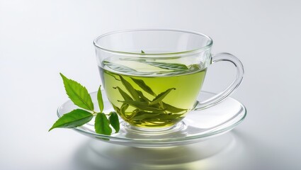 Refreshing green tea with mint and lemon in a glass cup