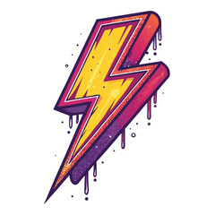 Generate a vibrant image of a neon lightning bolt melting, exhibiting significant noise distortion and pixelated effects.  The colors should be intensely saturated and highly contrasting.
