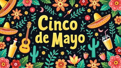 Bright and Cheerful Cinco de Mayo Celebration Graphic with Sombreros, Guitar, and Festive Elements.