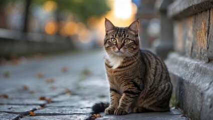 Urban feline gazes directly at the camera while seated on city sidewalk, emphasizing its expressive eyes and fur texture amidst street surroundings