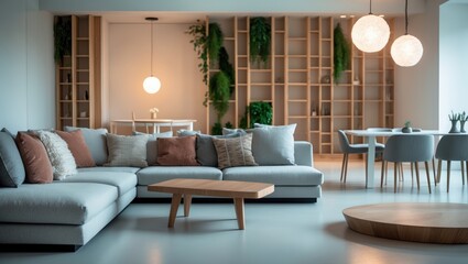 Contemporary high-end design in a stylish studio flat with free space, large bright room, white walls, and natural wooden details.