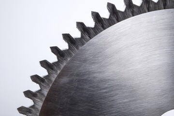 Close up view of a circular saw blade showcasing intricate teeth and surface details