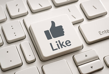 Macro view of a keyboard with an oversized key labeled 'Like' featuring a thumbs-up symbol, highlighting digital approval in a minimal design.