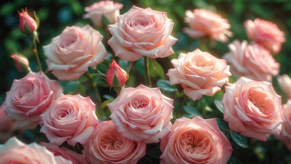Fototapeta premium Close-up of pink roses with delicate petals in a romantic floral background, featuring fresh, soft pastel-colored bouquet perfect for weddings and anniversaries.