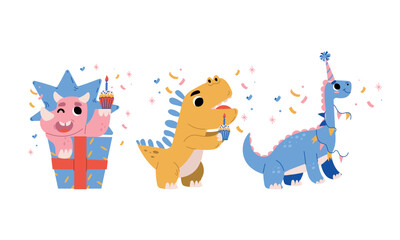A group of Colorful Cartoon Dinosaurs joyfully Celebrating with colorful Confetti and fun Party Hats