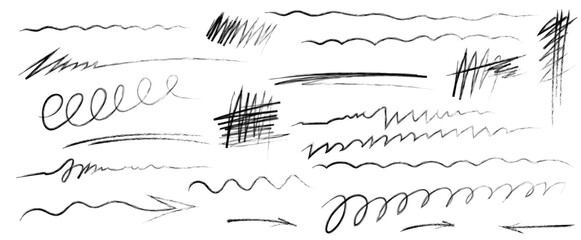 Marker pen crayon scribbles, arrows and underline elements. Handdrawn set of scrawls, crayon scribble line, grunge line, rough brush charcoal pen ink stroke, emphasis mark, strikethrough Vector kit © Volha