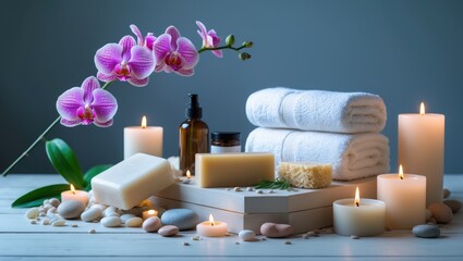 Relaxing spa bath scene with white salt on wooden surface
