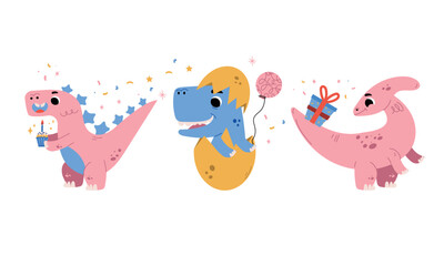 Adorable Cartoon Dinosaurs Joyfully Celebrating with Colorful Gifts and Beautiful Balloons