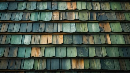 Natural wooden shingle exterior wall with green algae, ideal as a calming background or for illustrating sustainable building materials.